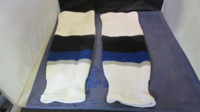 Load image into Gallery viewer, Used White, Black, &amp; Blue SP Hockey Socks Size Youth - small hole
