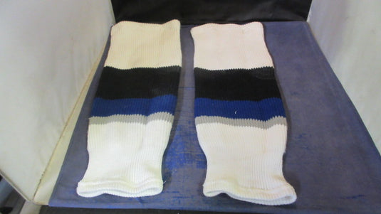 Used White, Black, & Blue SP Hockey Socks Size Youth - small hole