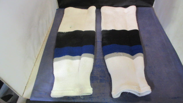 Load image into Gallery viewer, Used White, Black, &amp; Blue SP Hockey Socks Size Youth - small hole
