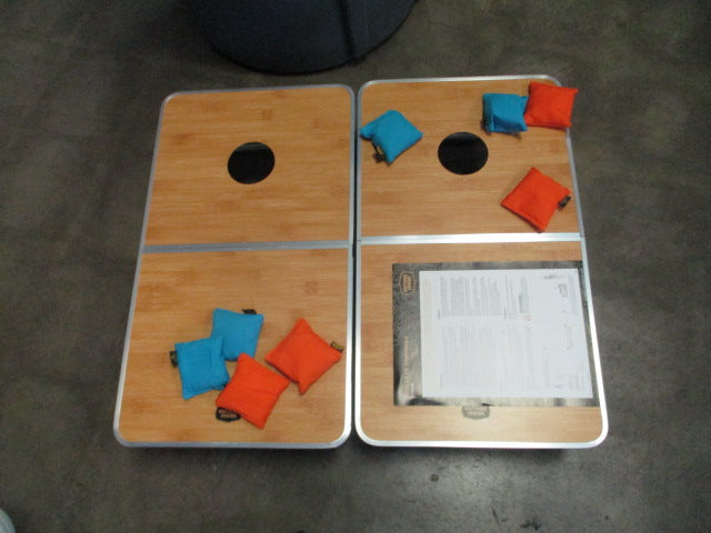 Load image into Gallery viewer, Used Outside Inside Compact Convertible Dual Purpose Tables &amp; Cornhole Set
